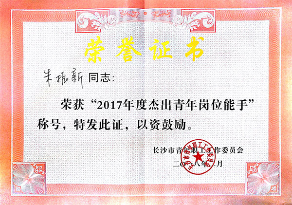 8188cc威尼斯智能朱振新荣获长沙市2017年度优异青年岗位能手
